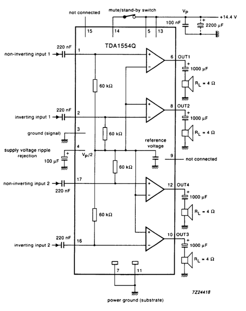 4x11 Watt Stereo Audio Power Amplifier Circuit