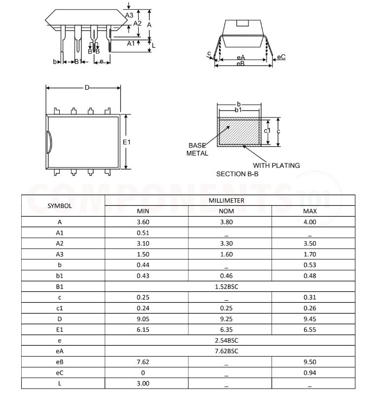 L9110 DIP8 Package Dimension