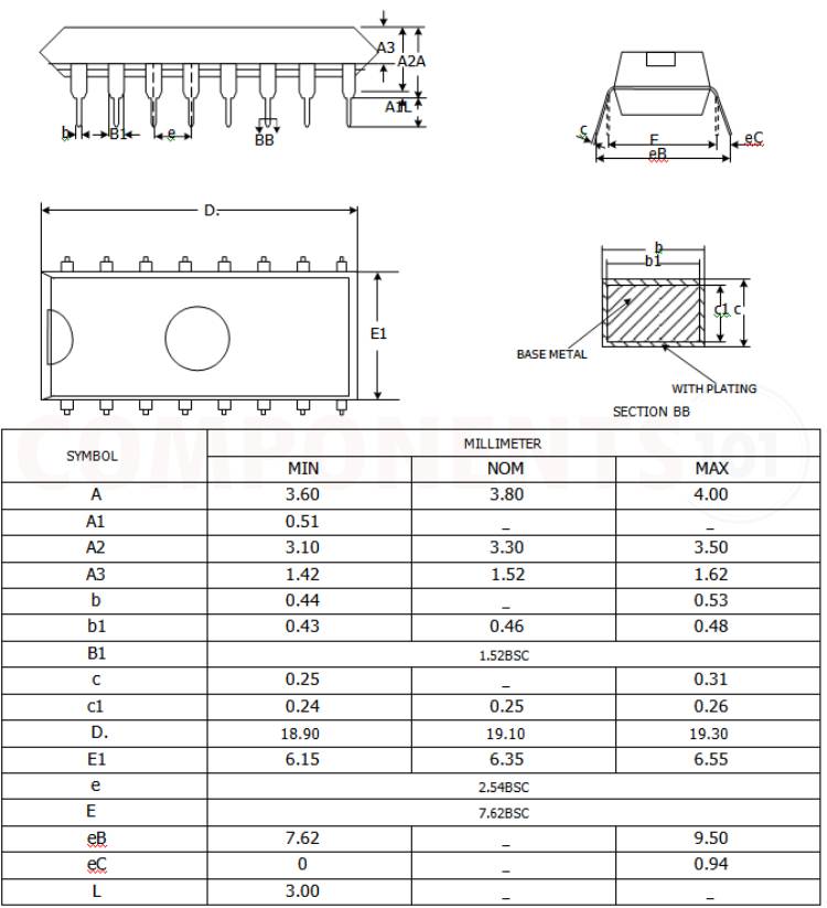 MX1919 DIP16 Package Dimensions