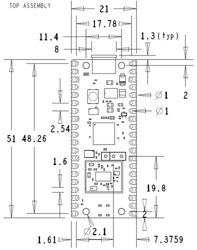 Raspberry Pi Pico W 2D Model and Dimensions